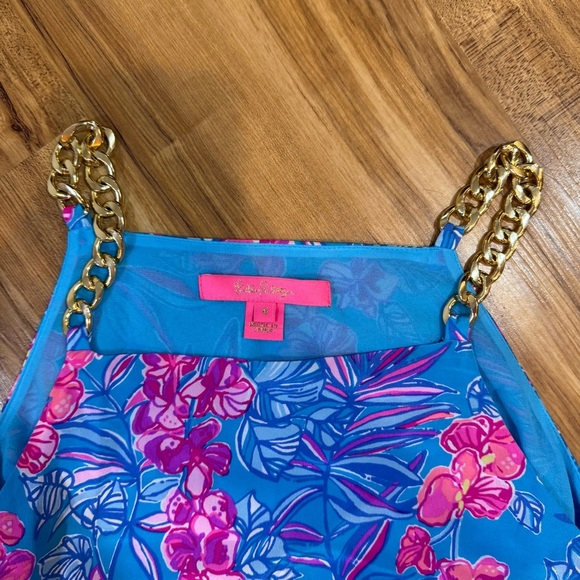 Lily Pulitzer Joanna Silk Top Bold Blue Floral Summer Gold Strap Blouse Size 6 - Picture 3 of 7